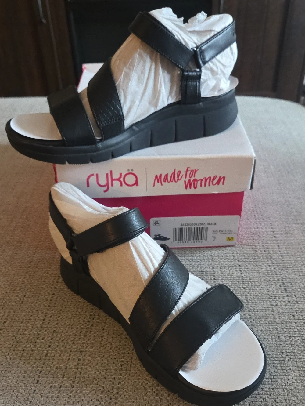 Ryka Black Triple-Strap Platform Sandals 7